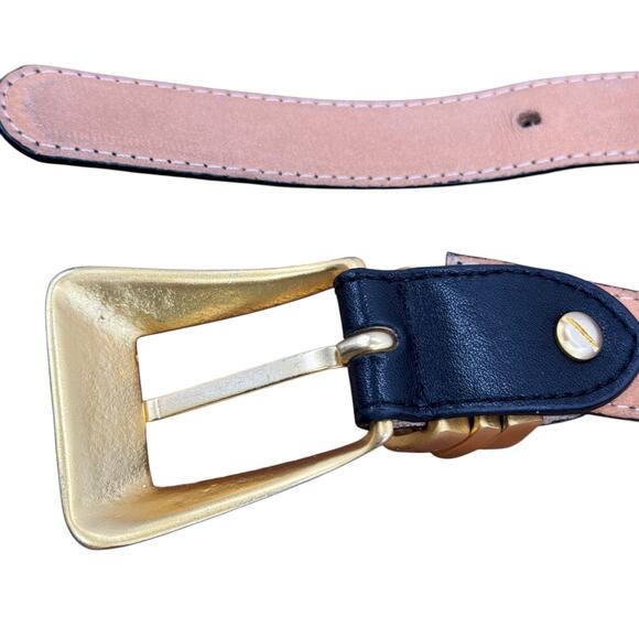 Americana by Sharif Gold Black Leather Belt M Womens Modern Luxe Chic Geometric - Picture 8 of 14